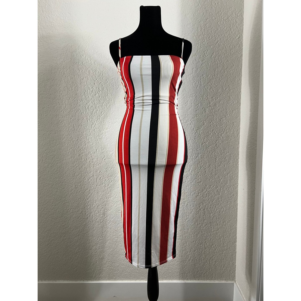 AGACI Retro Vertical Stripe Bodycon Midi Dress Spaghetti Strap F1 Moto